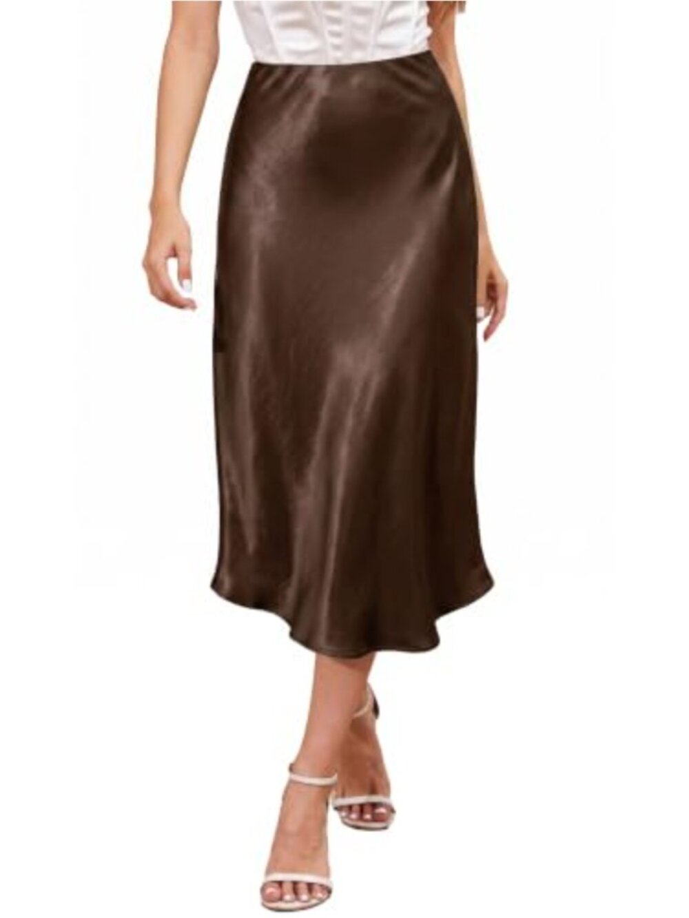 Womens Silky Satin A-Line Flared Midi Skirt Elastic Waist
